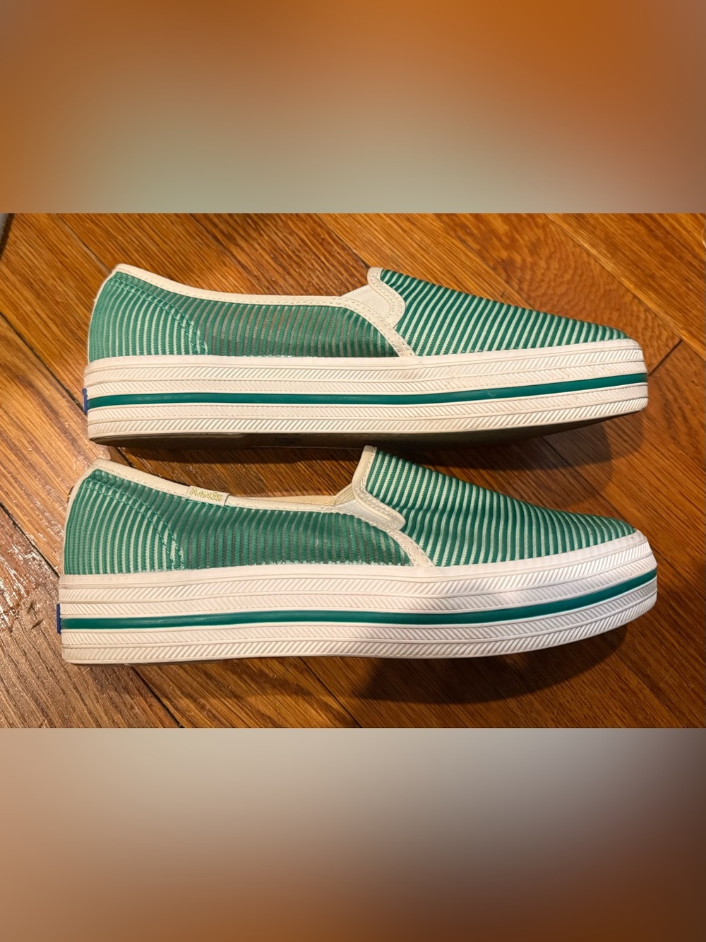 Keds x Kate Spade Green Striped Double Platform Slip-On Sneakers